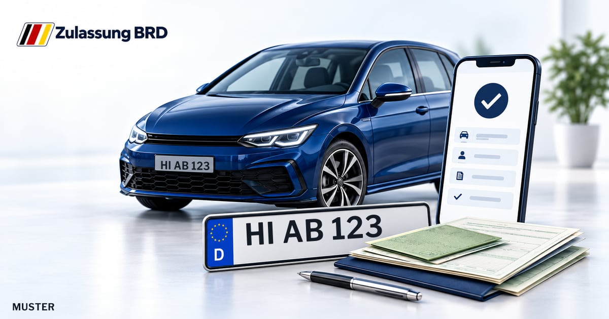 Online Fahrzeugzulassung in Nordstemmen: Musterkennzeichen HI AB 123, Auto und Fahrzeugpapiere und Smartphone. Illustration mit Logo von Zulassung BRD.